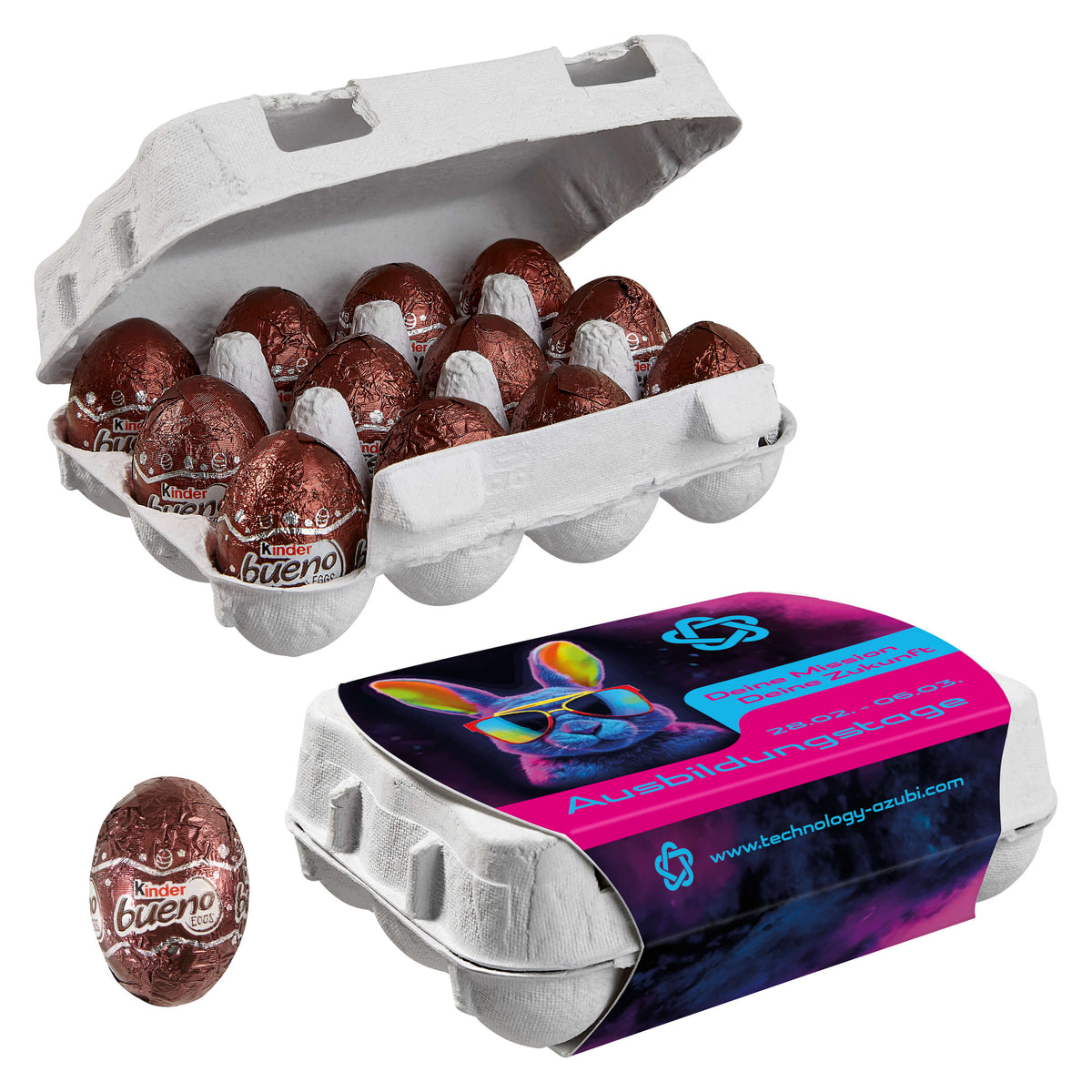 12er Ostereier Karton mit Kinder Bueno Eiern und Logo auf dem Schuber