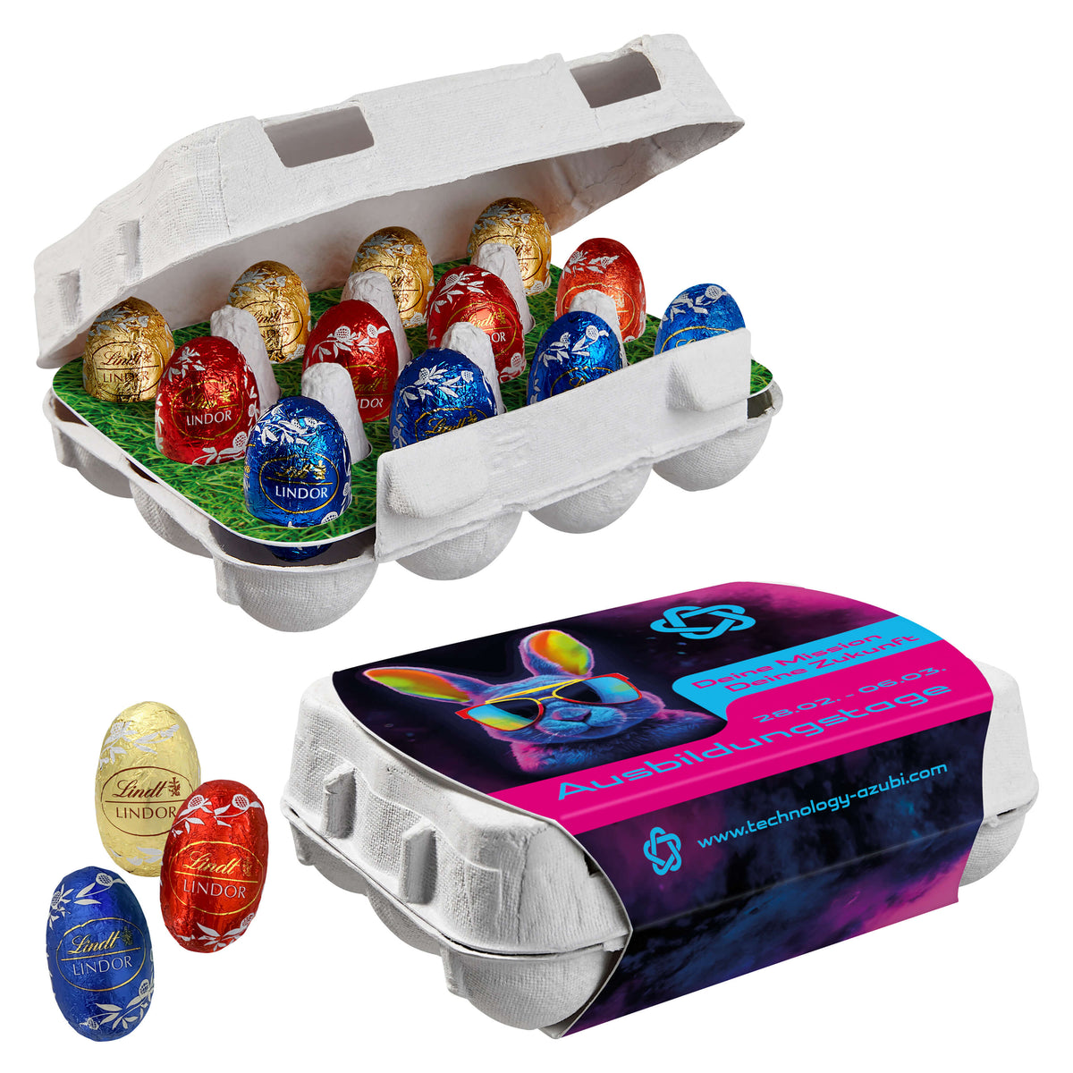 12er Ostereier Karton mit Lindt Lindor Mini Eiern und bedrucktem Schuber