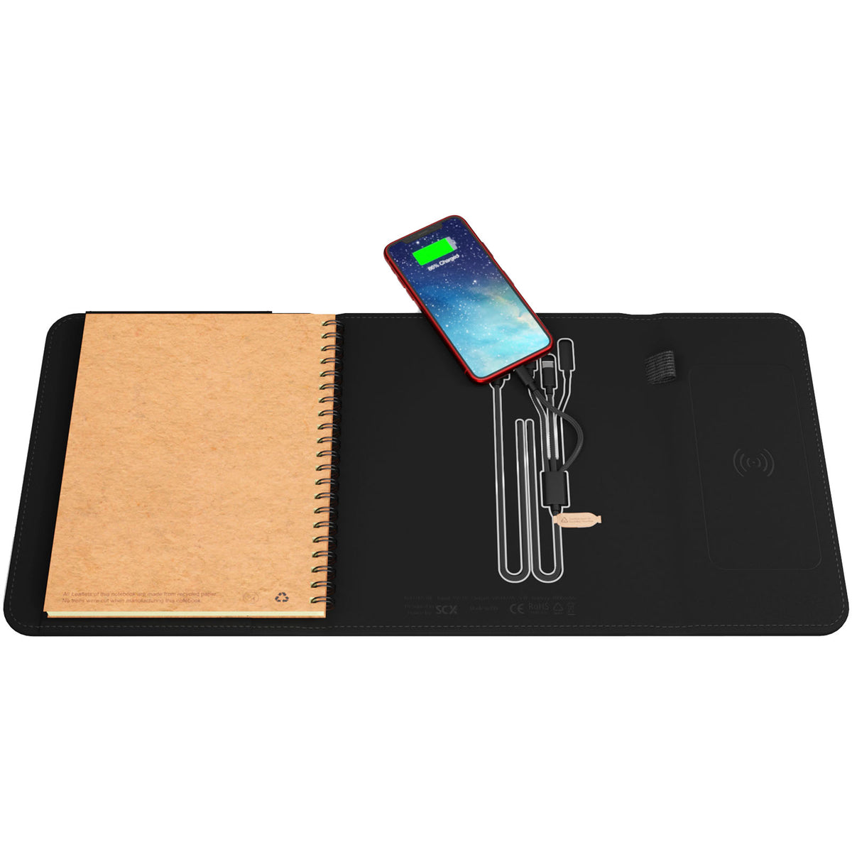 SCX.design O18 A5 Notizbuch mit kabelloser 5W Powerbank mit 4000 mAh und Leuchtlogo – Schwarz