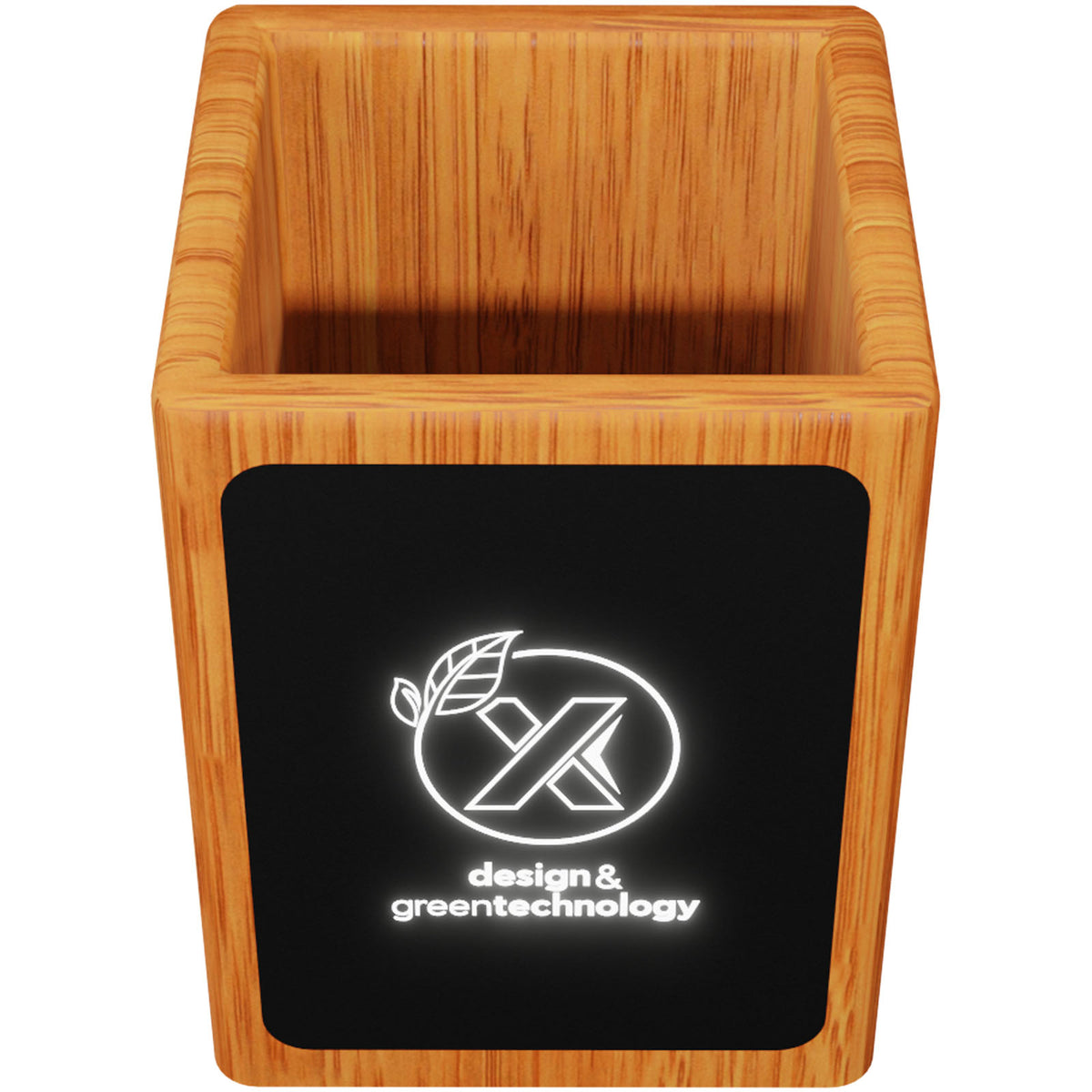 SCX.design O12 Stifthalter aus Holz mit doppeltem USB Ausgang und Leuchtlogo – Holz