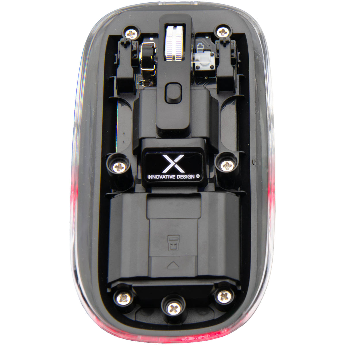 SCX.design O24 transparente wireless multimode 2.4 Ghz Bluetooth® Maus mit Leuchtlogo – Transparent klar