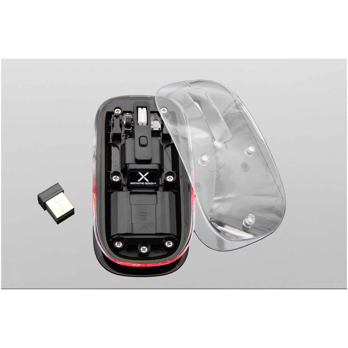 SCX.design O24 transparente wireless multimode 2.4 Ghz Bluetooth® Maus mit Leuchtlogo – Transparent klar