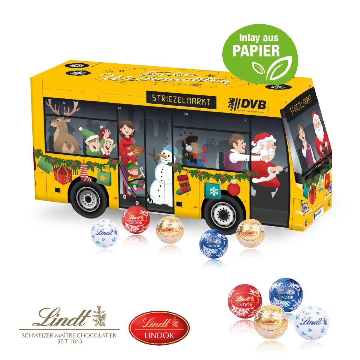 Bedruckter Adventskalender in Busform mit Türchen entlang der Fensterreihe