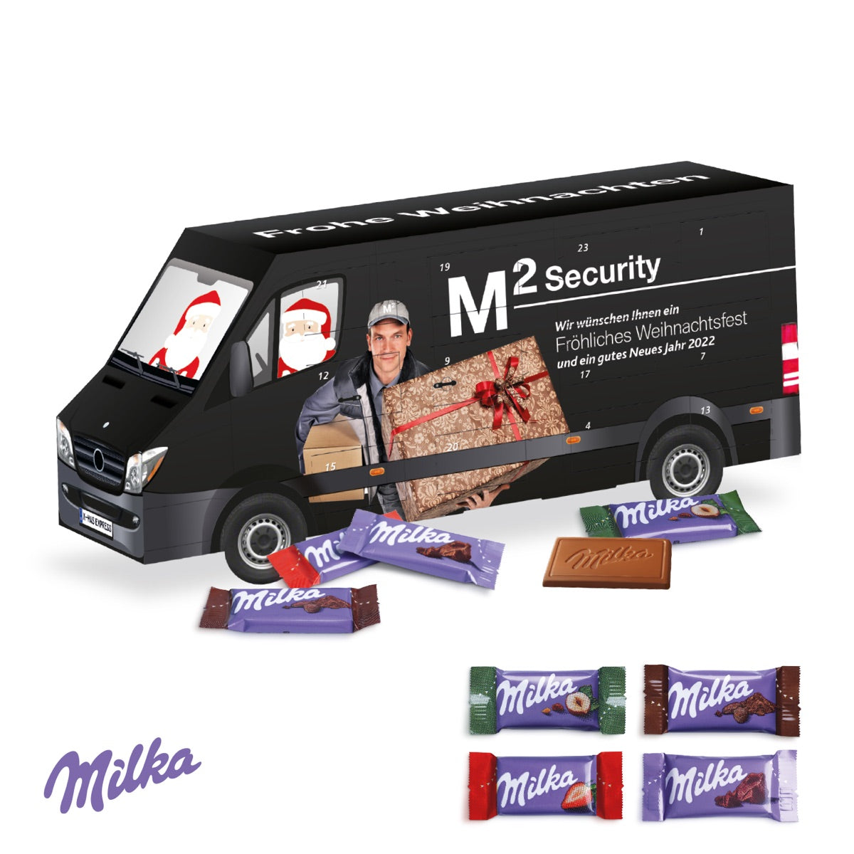 Adventskalender in Transporterform, vollflächig mit Werbemotiv bedruckt