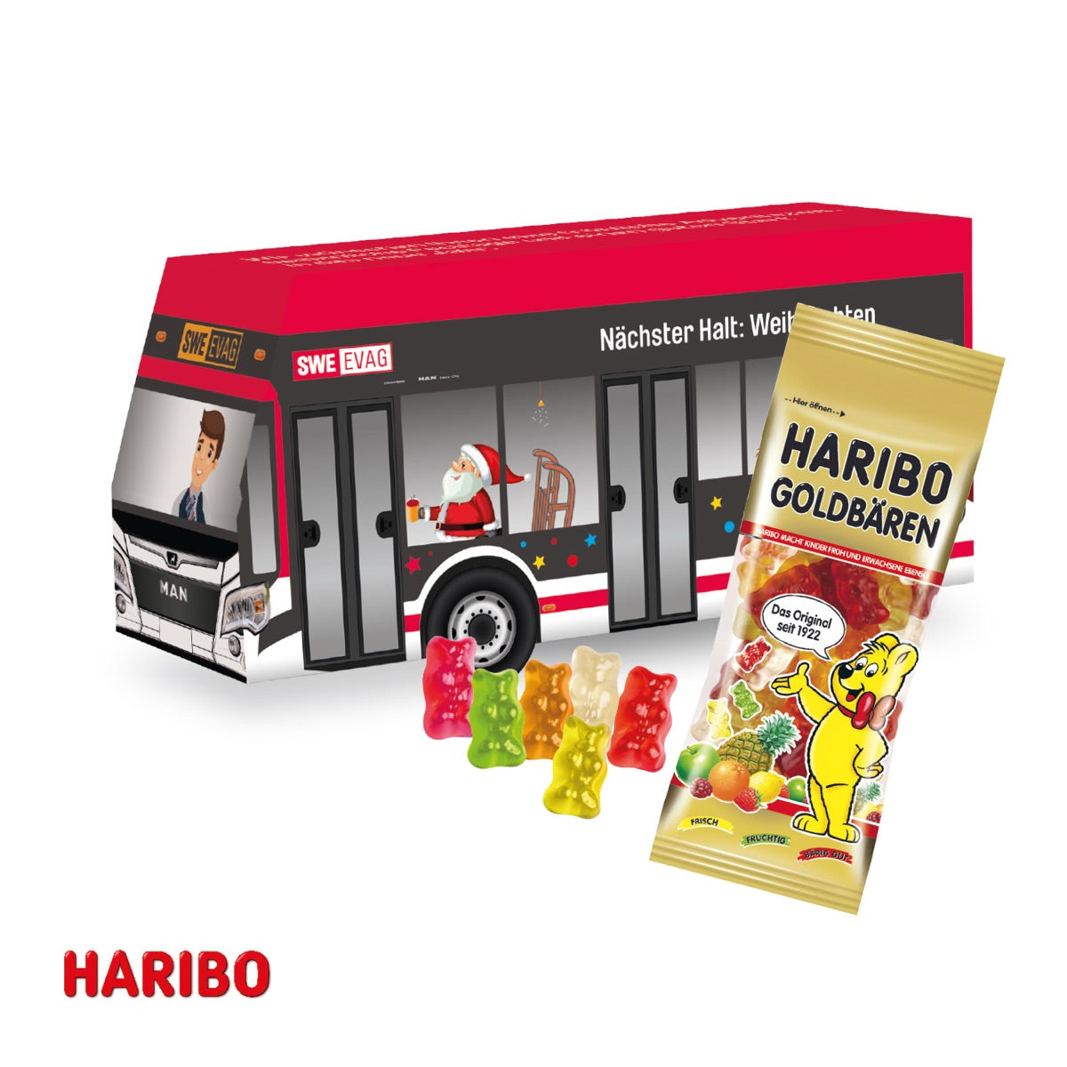 Präsentverpackung in Busform aus Karton mit umlaufender Werbefläche