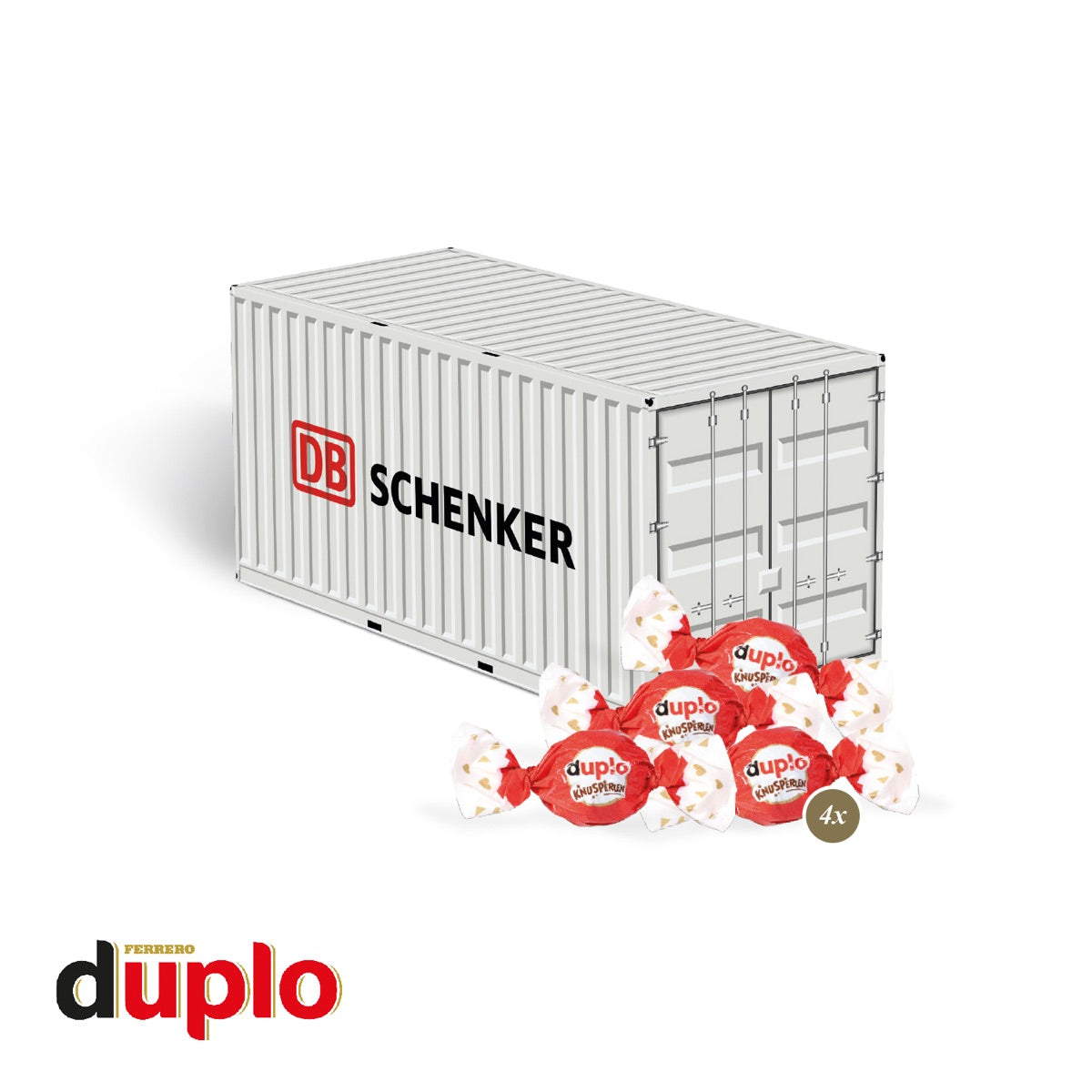 Präsentverpackung in Containerform aus Karton, vierfarbig bedruckt