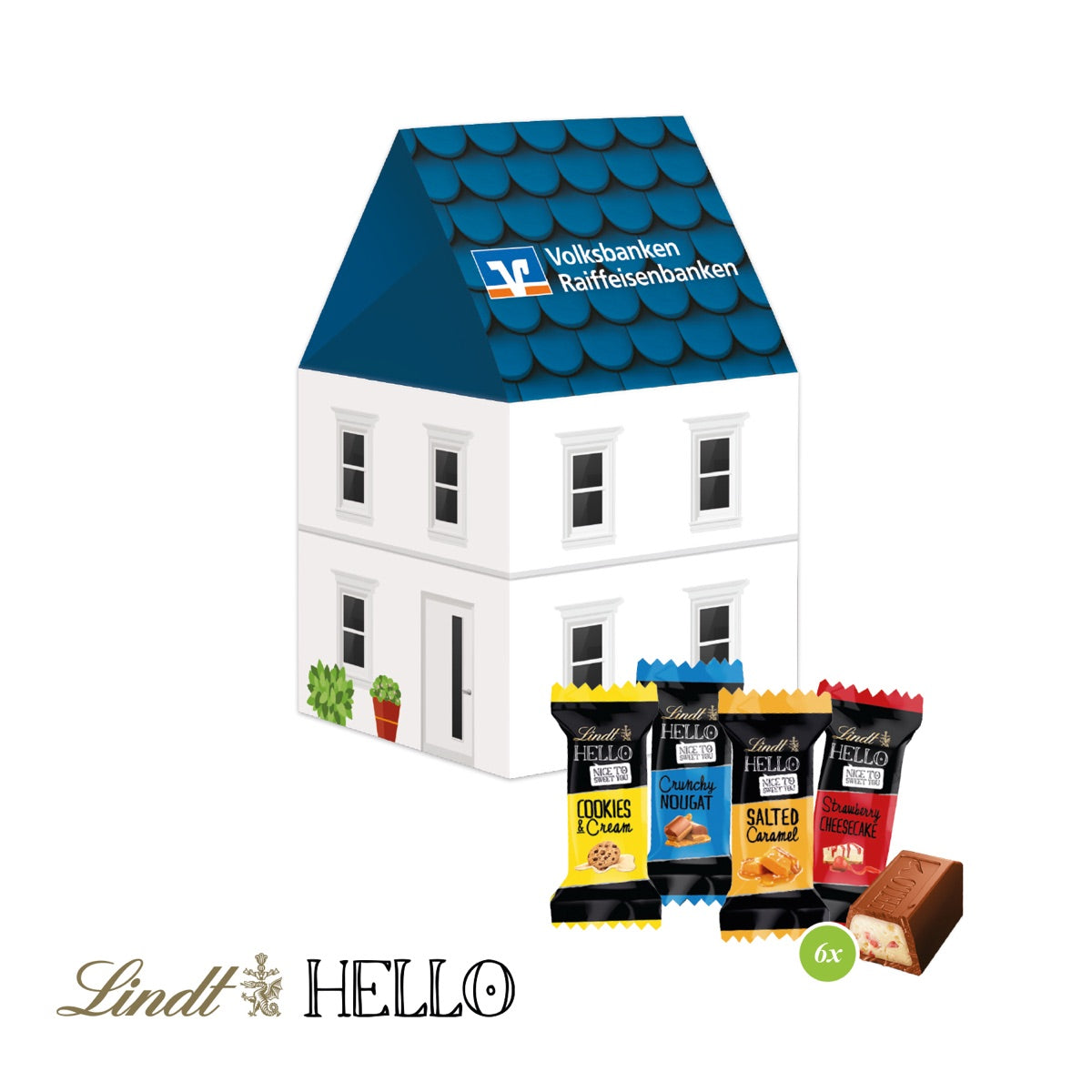 Haus aus Karton mit vollflächigem Werbedruck und Platz für dein Logo