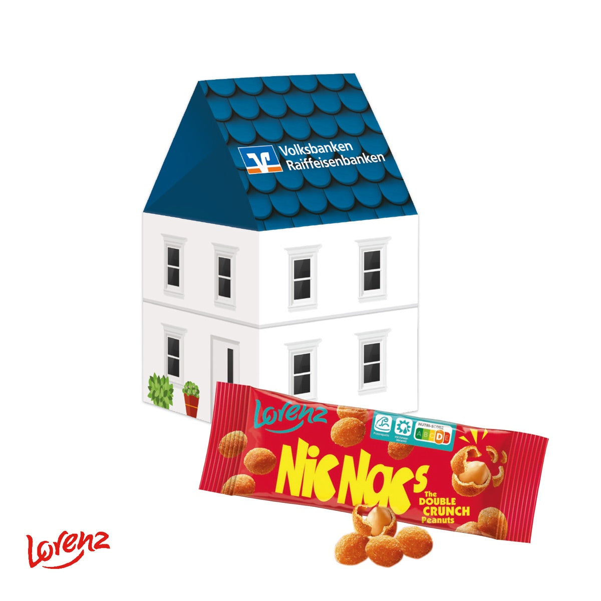 Haus aus Karton mit bedruckten Giebel und Längsseiten für dein Logo