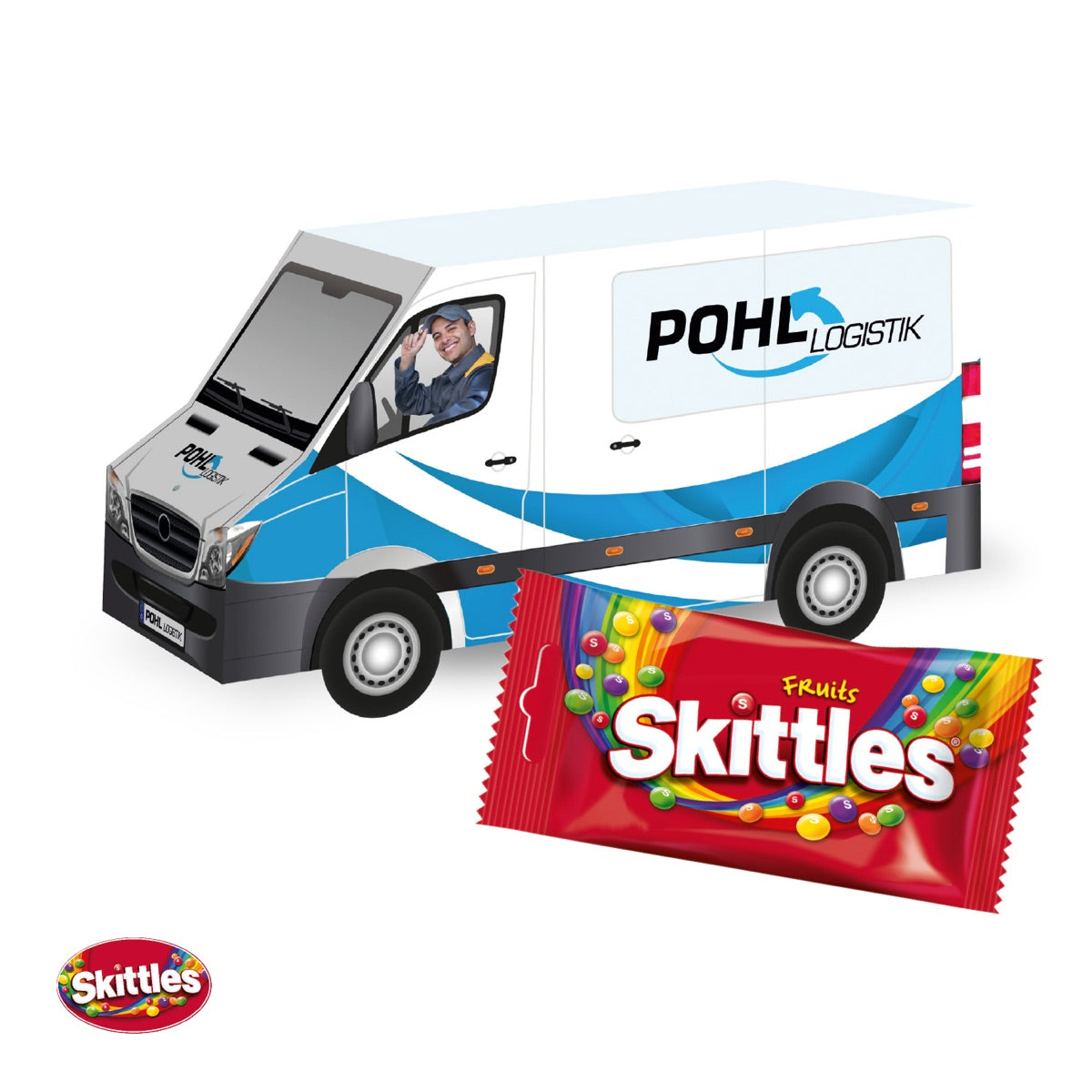 Farbig bedruckter Transporter aus Karton mit Fläche für das Logo
