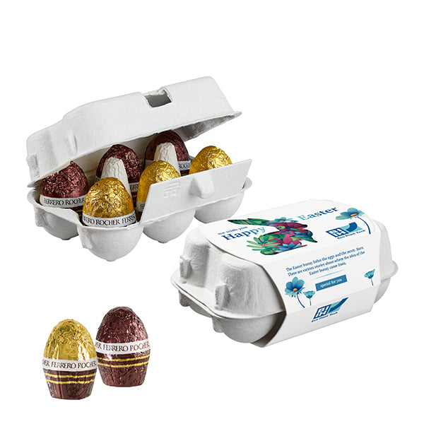 6er Ostereier Karton mit Ferrero Rocher Eiern und Logoschuber