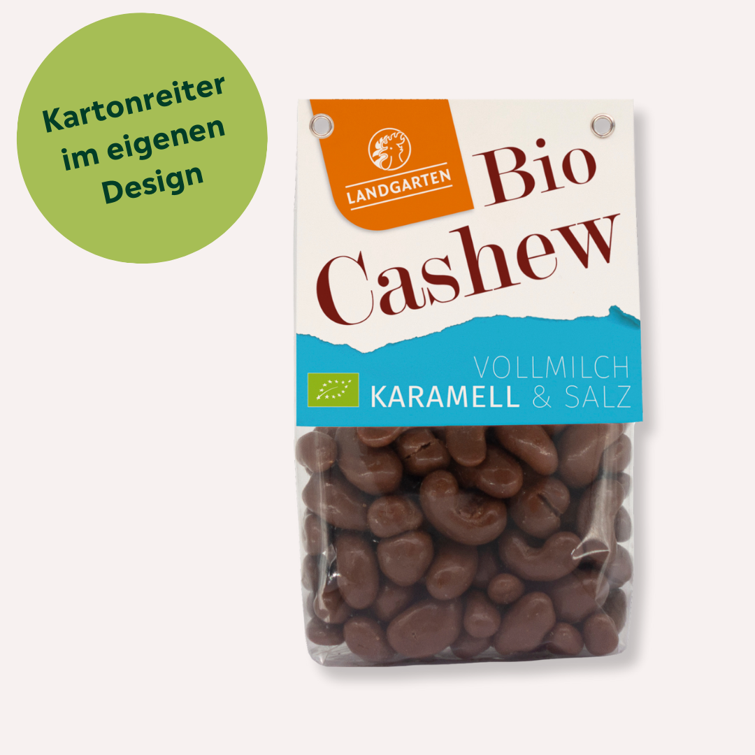 Cashews in Vollmilchschokolade mit Karamell mit individuellem Kartonreiter bedrucken