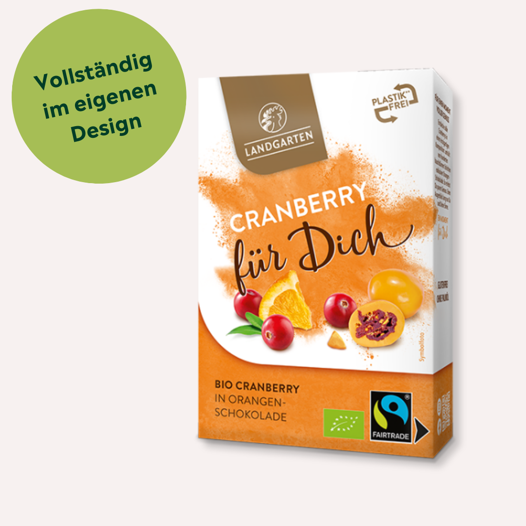 Cranberry in Orangenschokolade individuell bedrucken lassen als Werbegeschenk