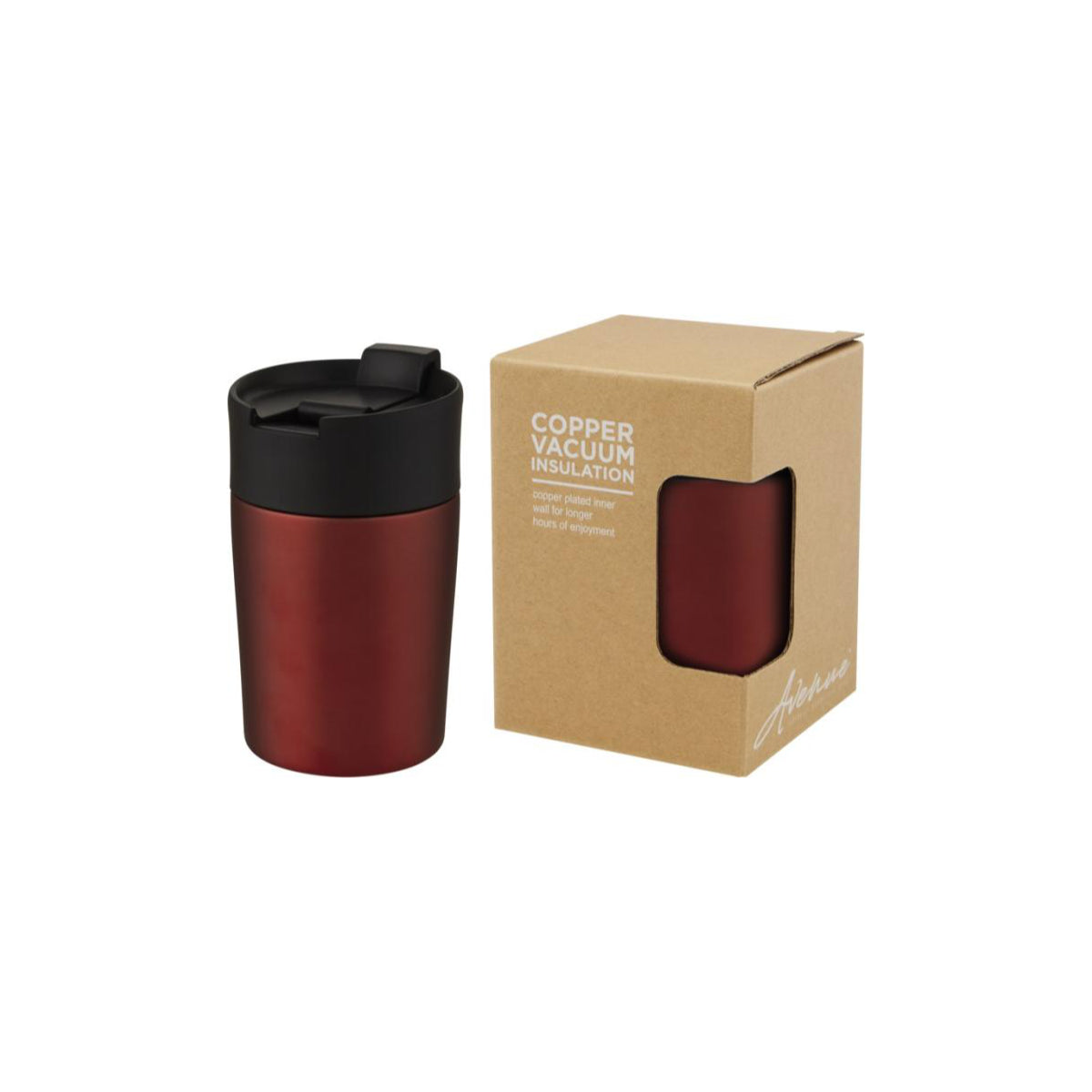 Roter Isolierbecher mit einer Kartonverpackung