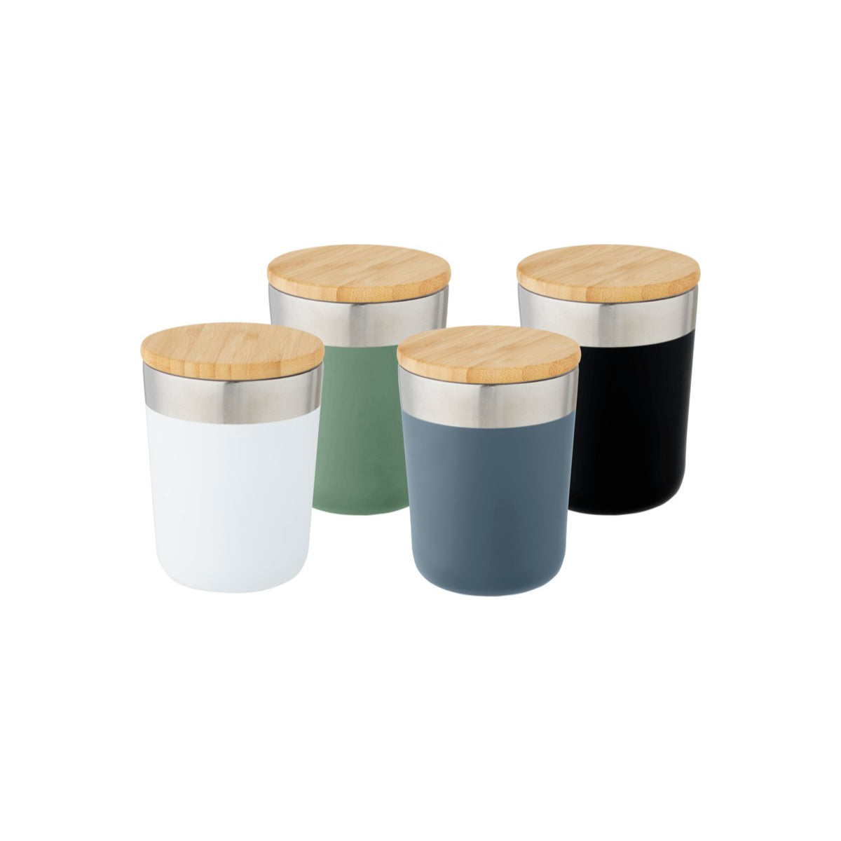 Alle Farben des Bechers als Becher abgebildet, weiß, grün, blau und schwarz mit Bambusdeckel
