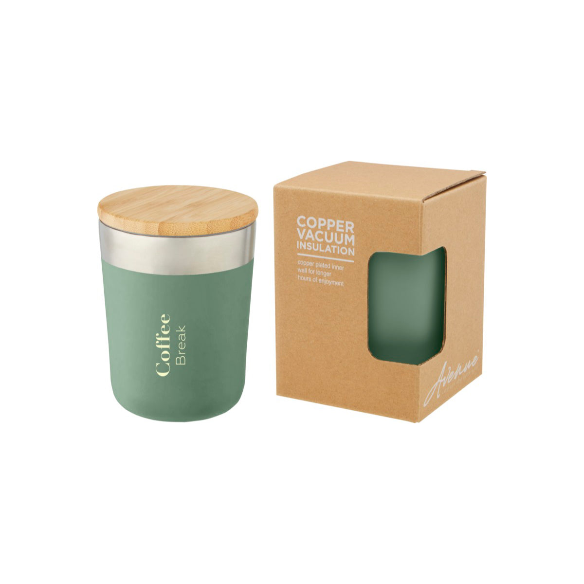 Grüner Becher mit Logo in Kartonverpackung