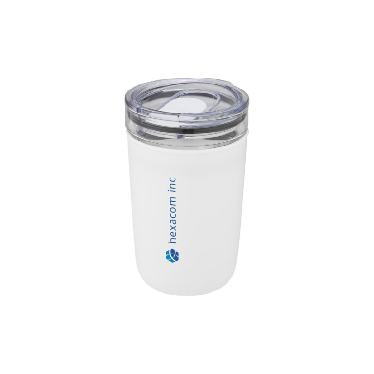 Gasbecher mit Außenwand und einem zweifarbigem Logodruck weiß blau