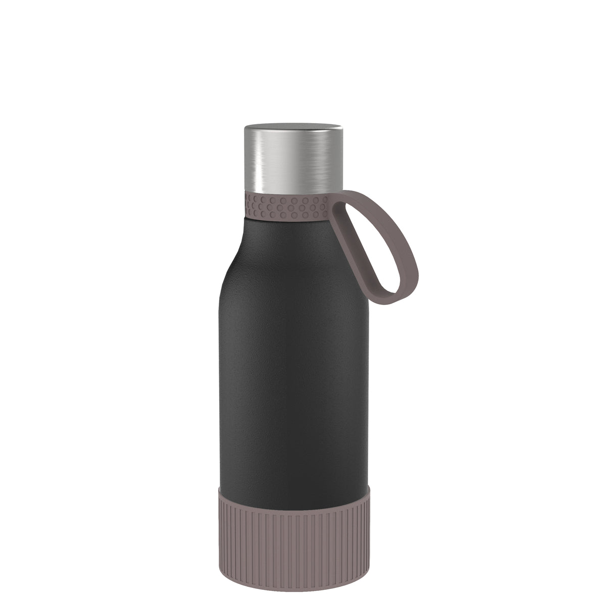 Flasche: schwarz, Ring: braun, Hülle: braun
