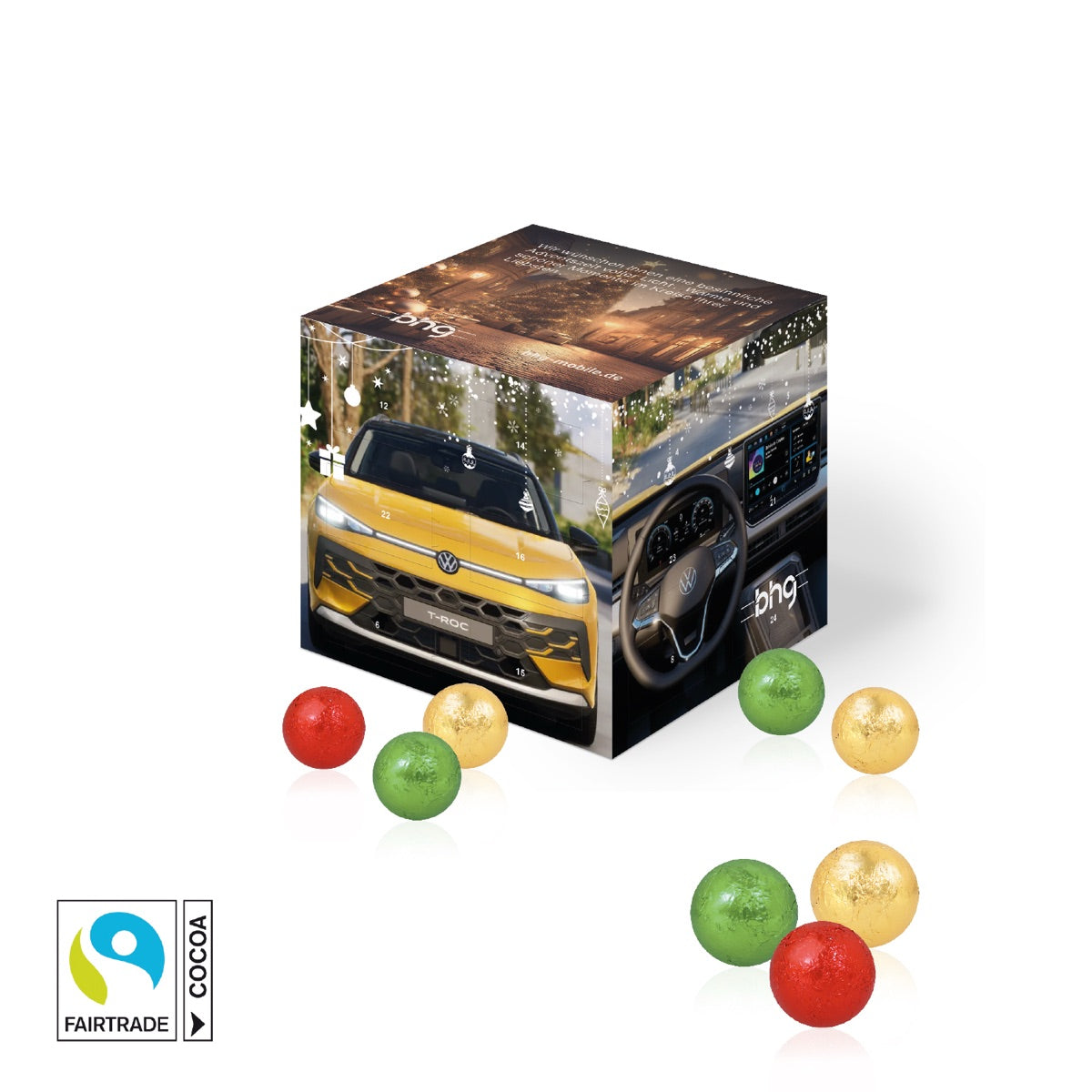 Würfelförmiger Adventskalender mit fünf bedruckten Werbeflächen