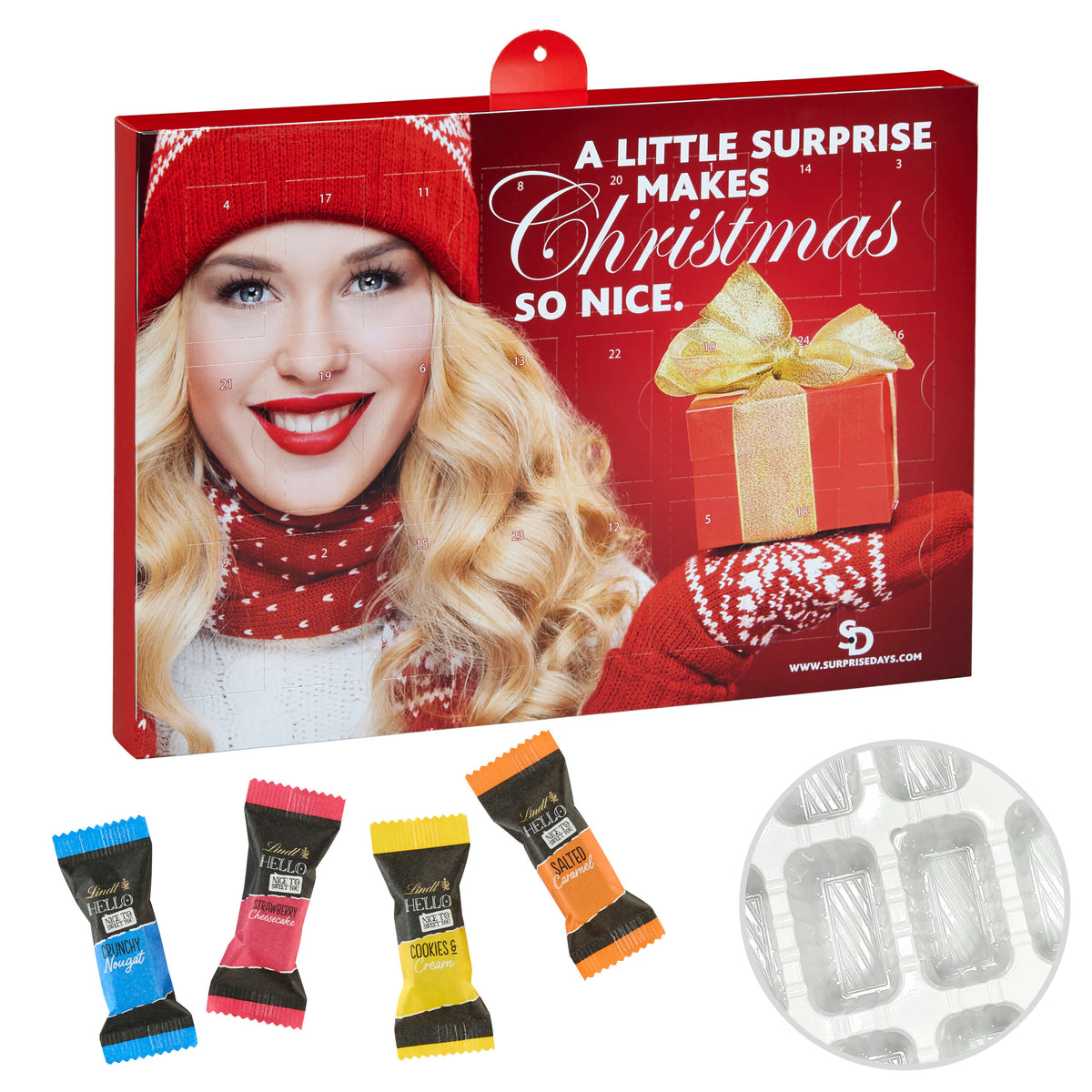 Adventskalender im Querformat mit Lindt Hello Mini Sticks und bedruckter Werbefläche