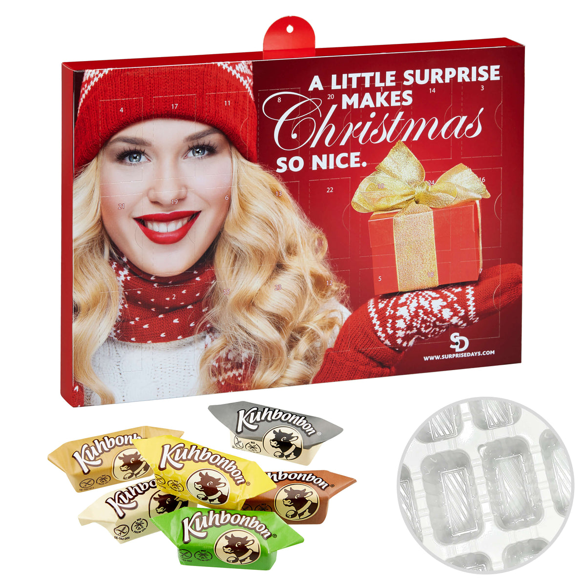 Adventskalender im Querformat mit Weichkaramellen, Vorderseite mit Firmenmotiv