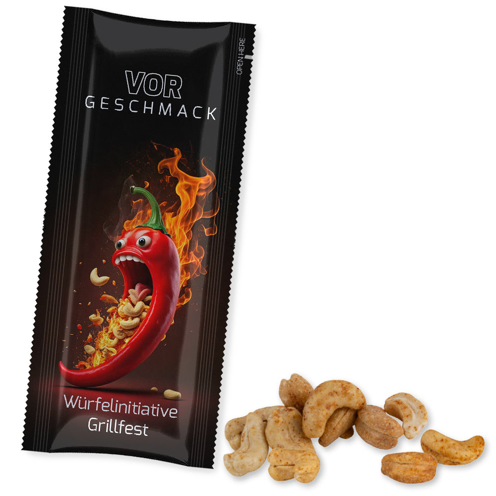 Bio Knabbermischungen im Snackbeutel Riegelformat – Bio Cashewkerne geröstet gesalzen mit Chili, ca. 30 g