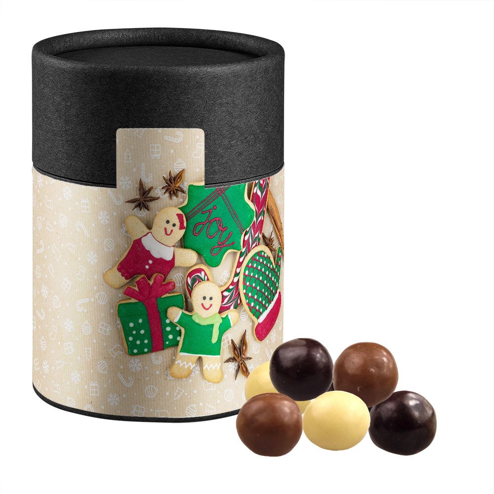 Bio Knusperkugeln in der schwarzen Kraftpapierdose – Bio Knusperkugeln Mix, ca. 50 g