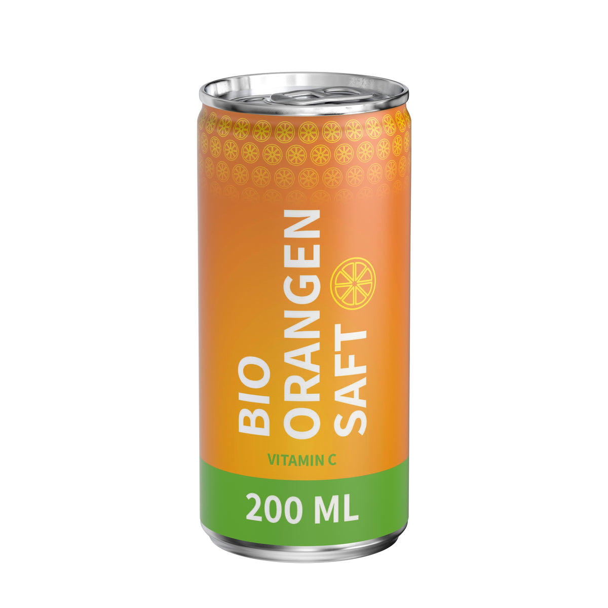 Bio Orangensaft 200 ml Dose mit Fullbody Etikett – weiß matt