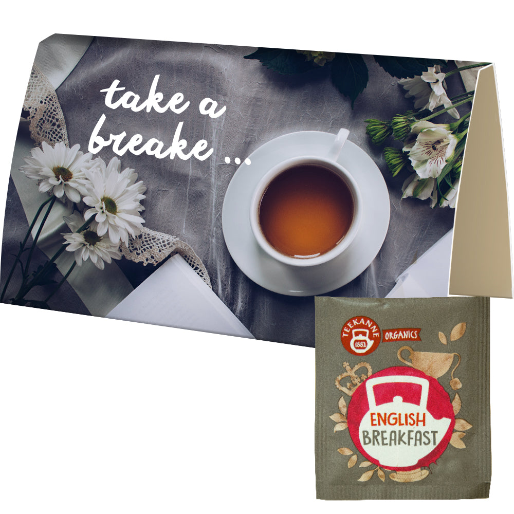 Bio Teeauswahl in der Werbekarte A6 gefaltet – Bio Beuteltee English Breakfast, ca. 1,8 g