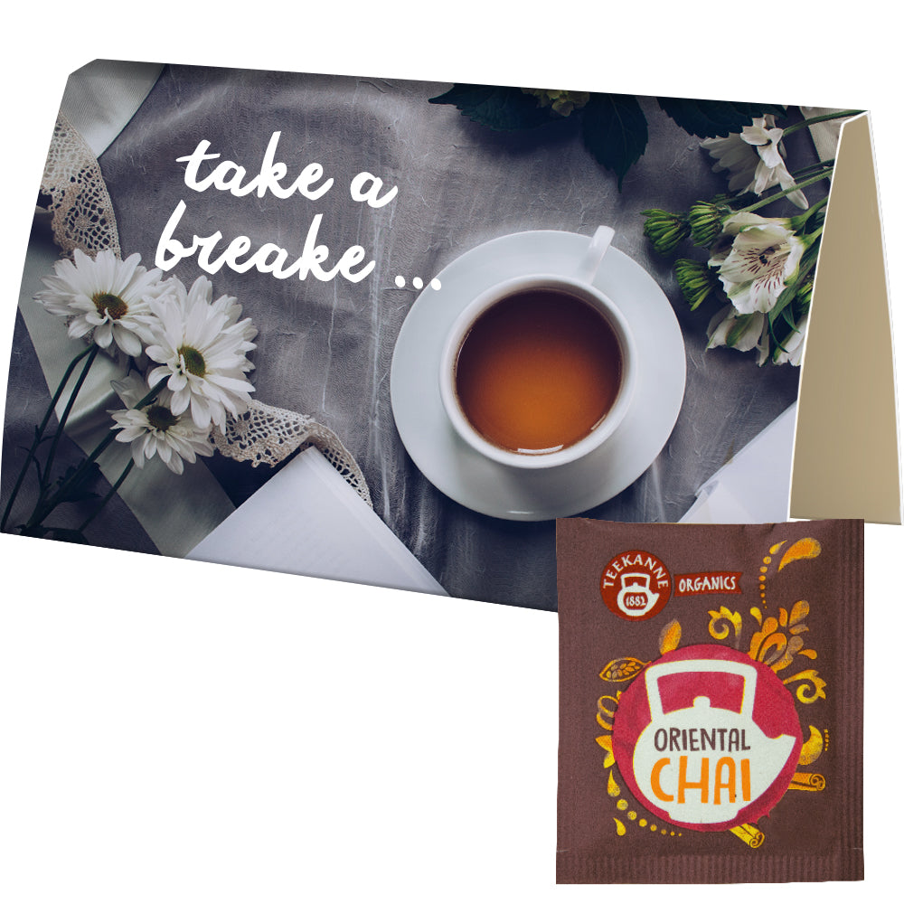 Bio Teeauswahl in der Werbekarte A6 gefaltet – Bio Beuteltee Oriental Chai, ca. 1,8 g