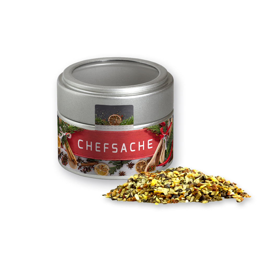 Bio Weihnachtsgewürze in der silbernen Metalldose Mini – Bio Weihnachts Gewürzmischung Chefsache, ca. 50 g