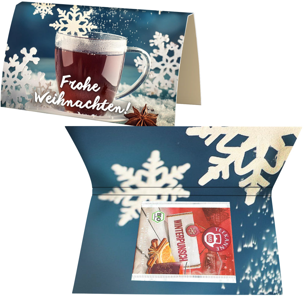 Bio Weihnachtstee in der Werbekarte A6 gefaltet – Bio Beuteltee Winterpunsch, 2,25 g