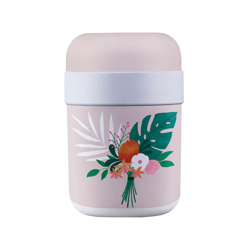 bioloco lunchpot rosa beige mit einem Blumenstrauß