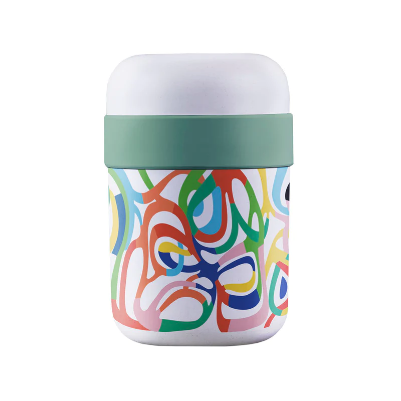 bioloco lunchpot petrol weiß, mit einem bunten Design
