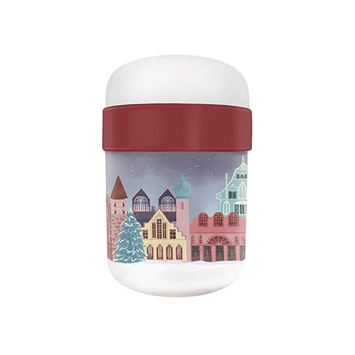 bioloco lunchpot mit einem schönen weihnachtlichen Design, dunkelrot mit einer verschneiten Stadt im Vordergrund