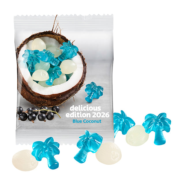 Blue Coconut Fruchtgummi Palmen und Kokosnüsse im bedruckten Werbetütchen