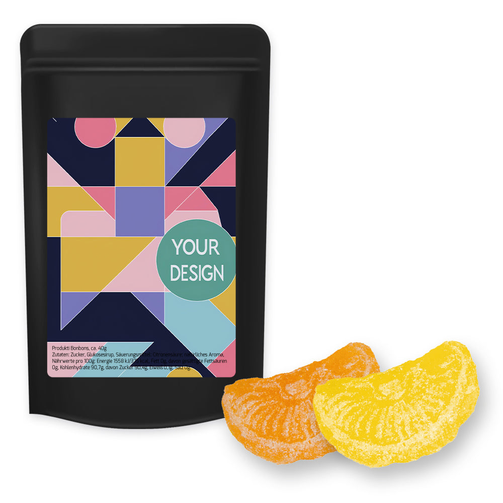 Bonbonmischungen im schwarzen Standbeutel Midi – Zitrone und Orangen Bonbons, ca. 80 g