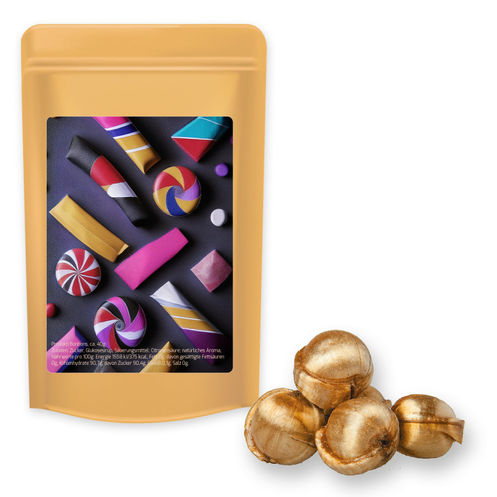 Bonbonmischungen im Standbeutel Midi aus Kraftpapier – Goldnüsse Bonbons, ca. 80 g