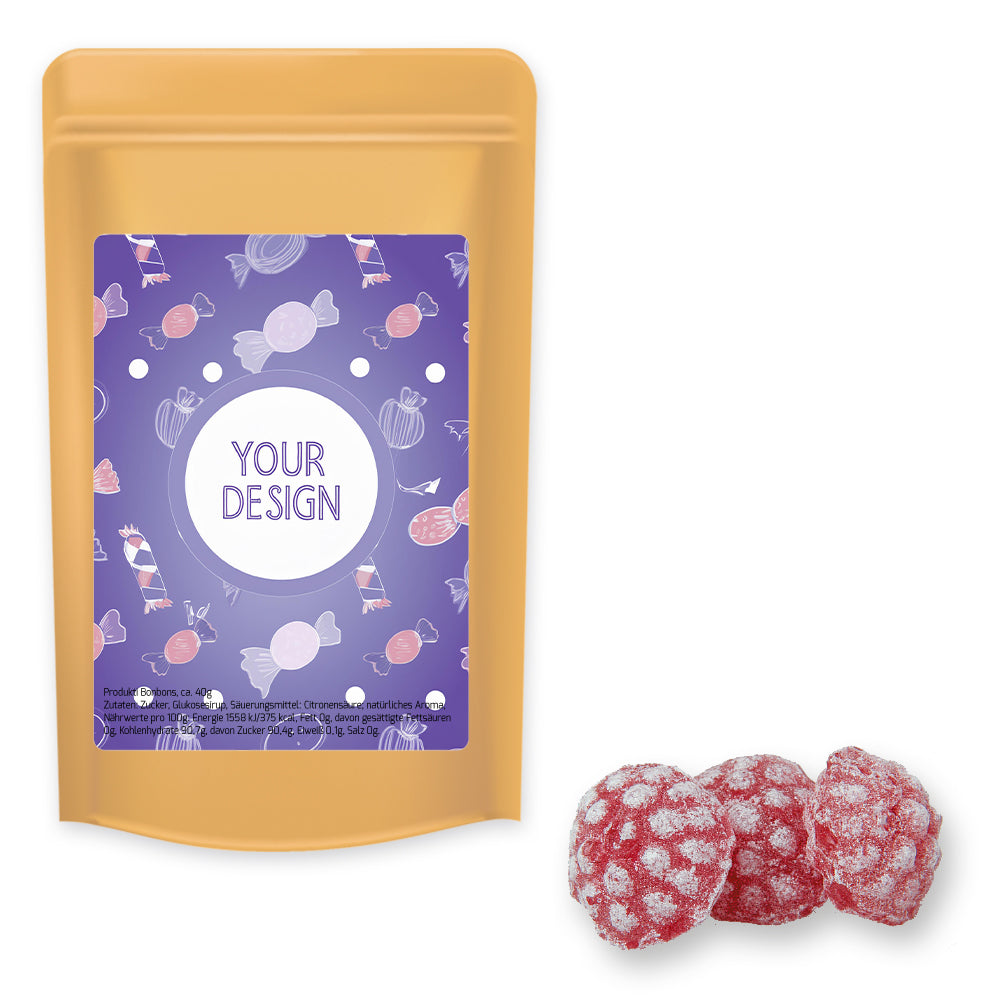 Bonbonmischungen im Standbeutel Midi aus Kraftpapier – Himbeer Bonbons, ca. 80 g
