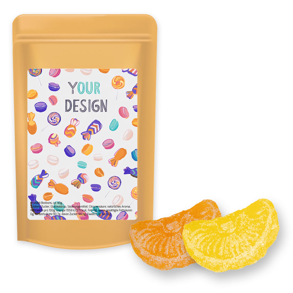Bonbonmischungen im Standbeutel Midi aus Kraftpapier – Zitrone und Orangen Bonbons, ca. 80 g