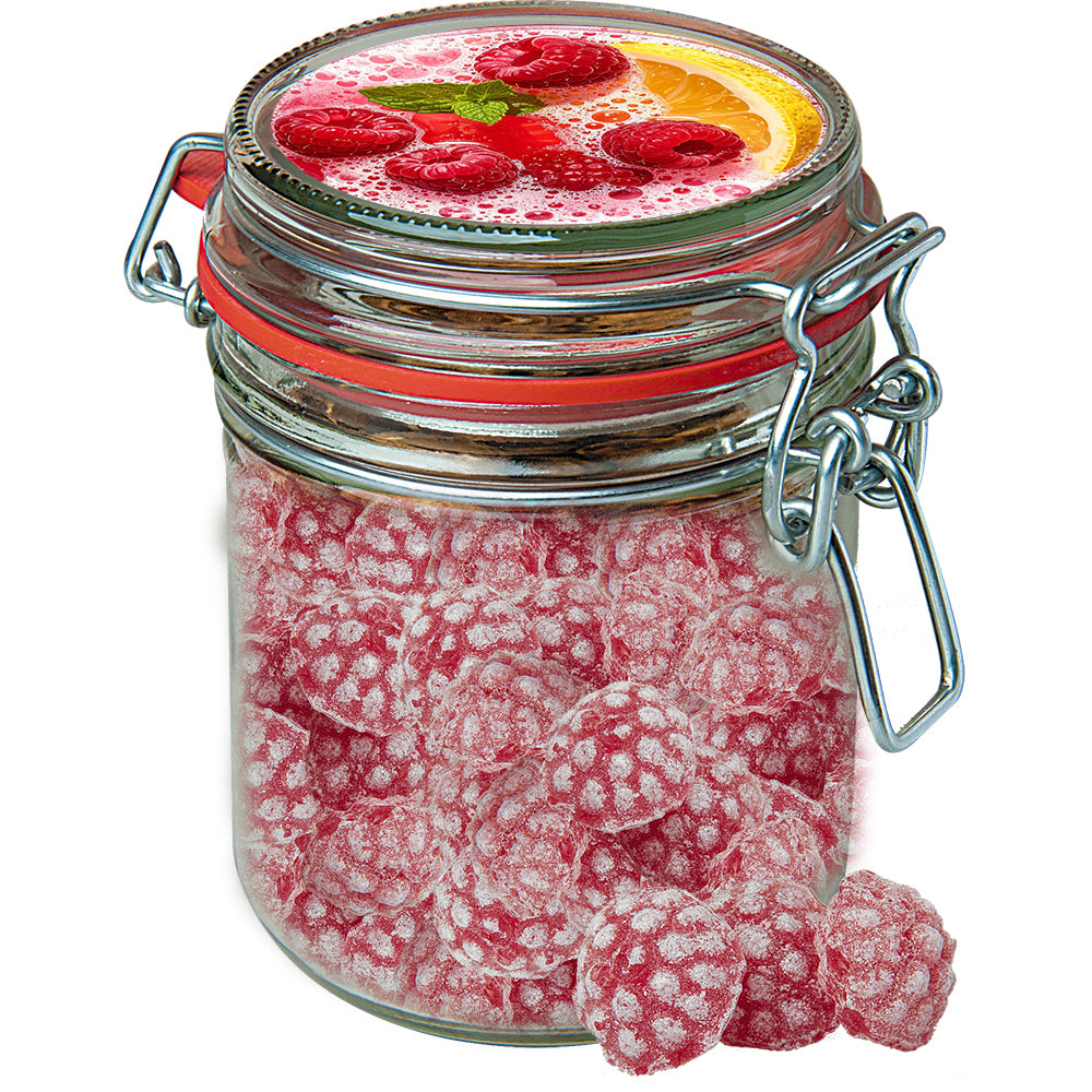 Bonbons im Glas Maxi mit Etikett – Himbeer Bonbons, ca. 200 g