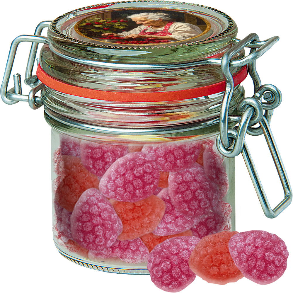 Bonbons im kleinen Glas mit Etikett – Erdbeer Chili Bonbons, ca. 60 g