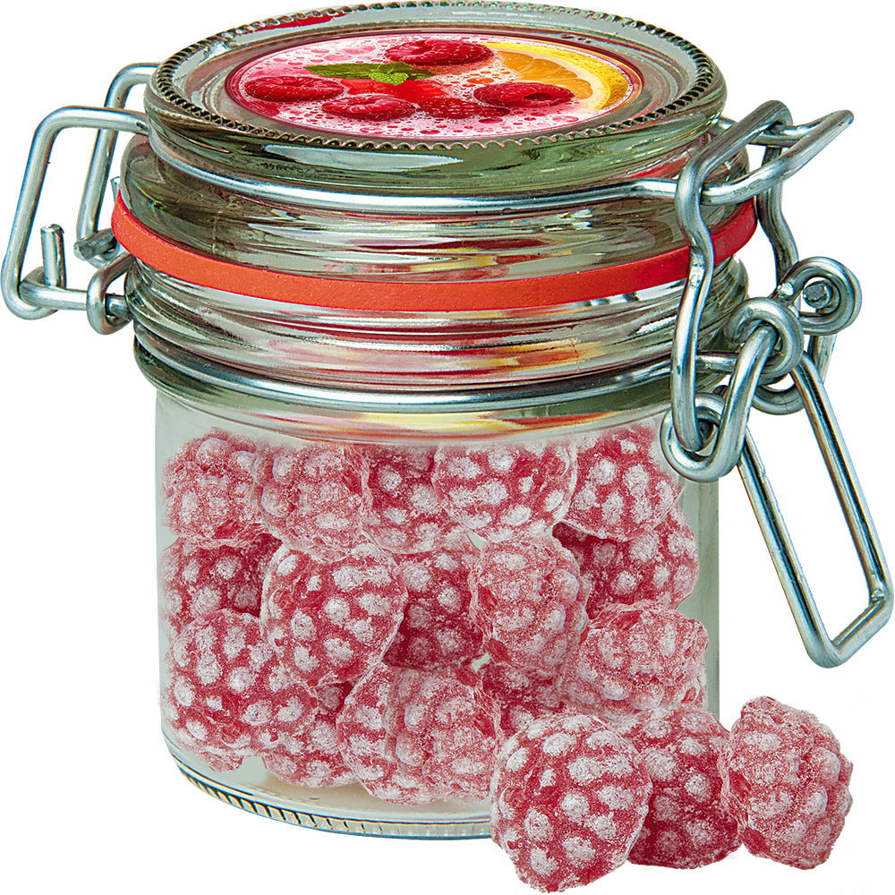 Bonbons im kleinen Glas mit Etikett – Himbeer Bonbons, ca. 60 g