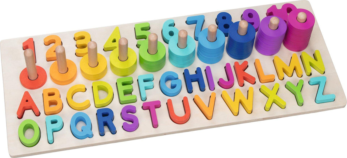 Buchstaben und Zahlenpuzzle aus Holz mit Steckringen – Seitenansicht