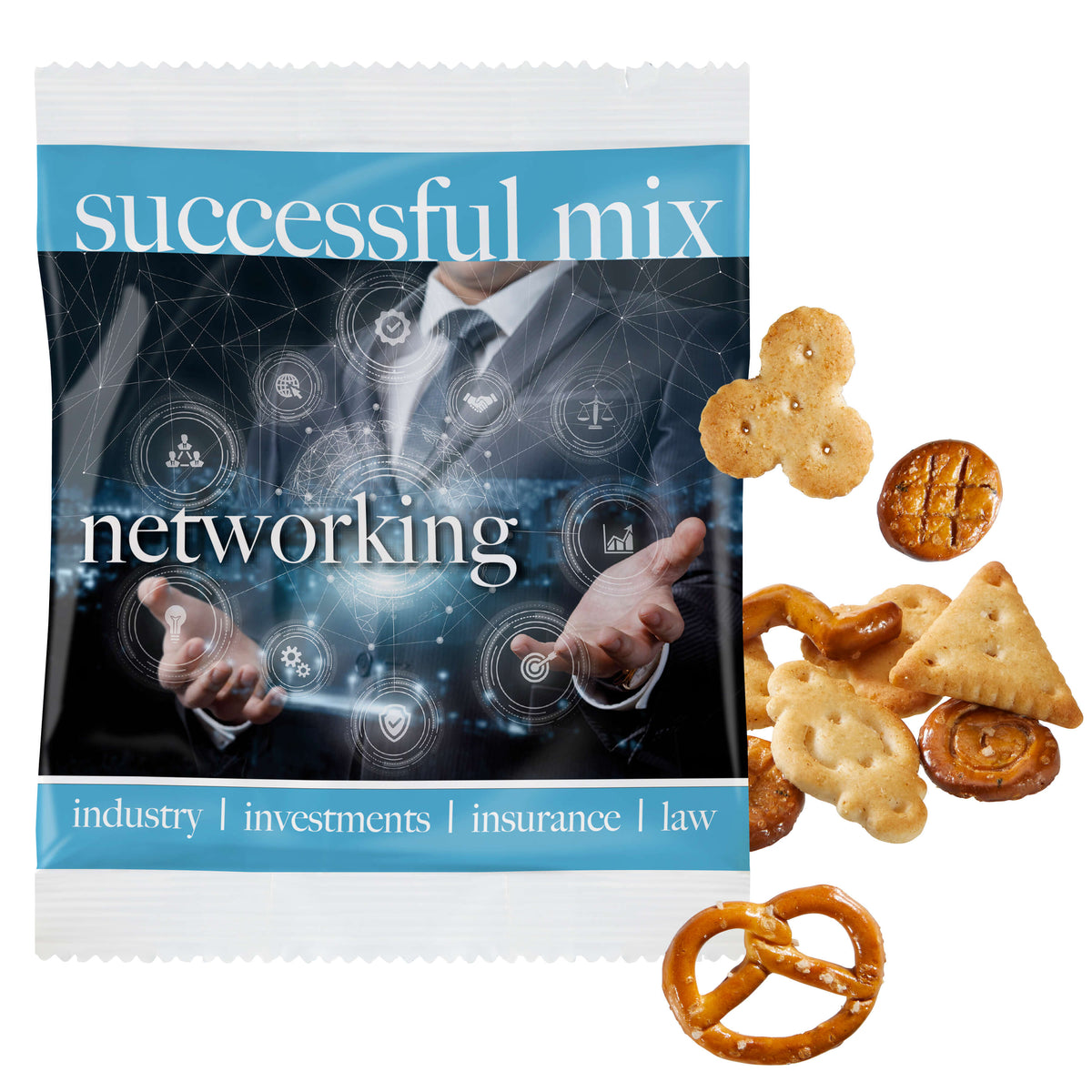Laugengebäck und Cracker aus dem Cocktail Mix neben dem Tütchen