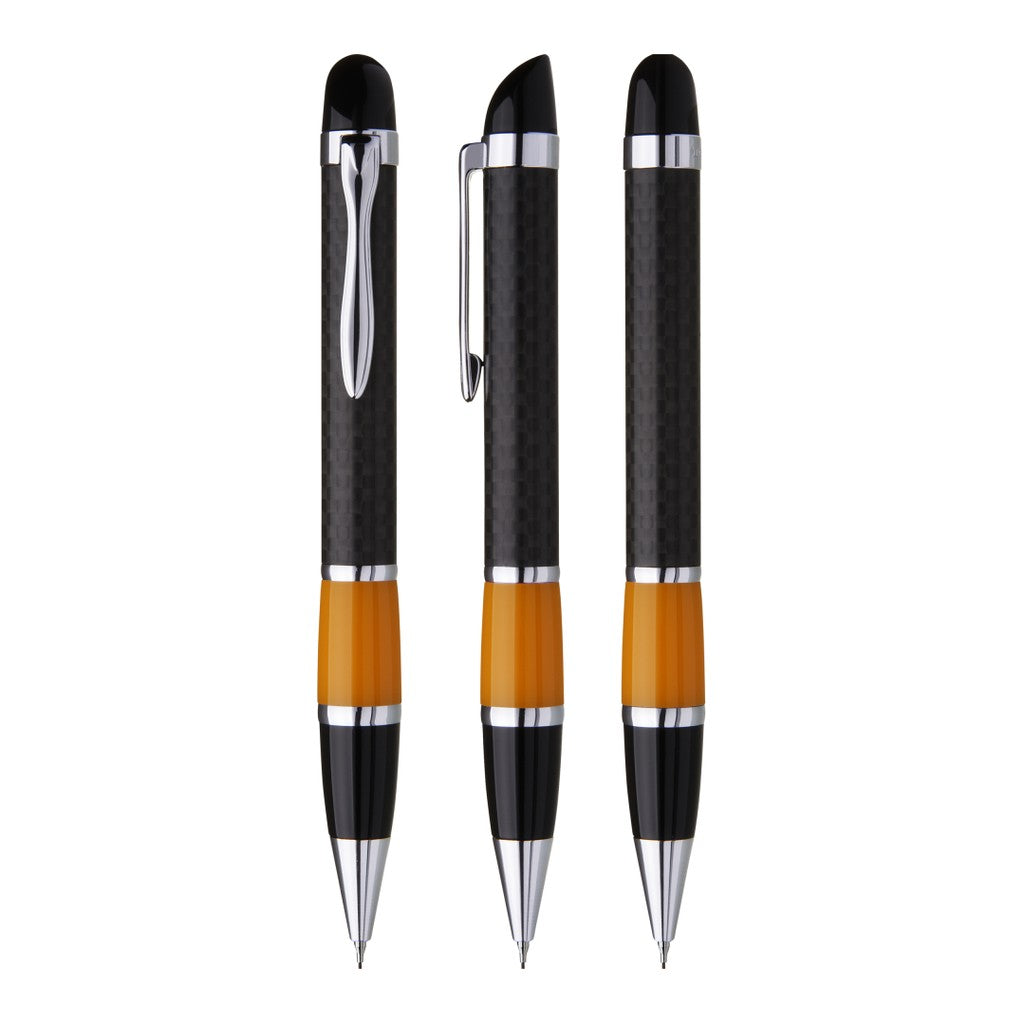 Drehbleistift mit Carbonoptik und Metallclip – Ocker