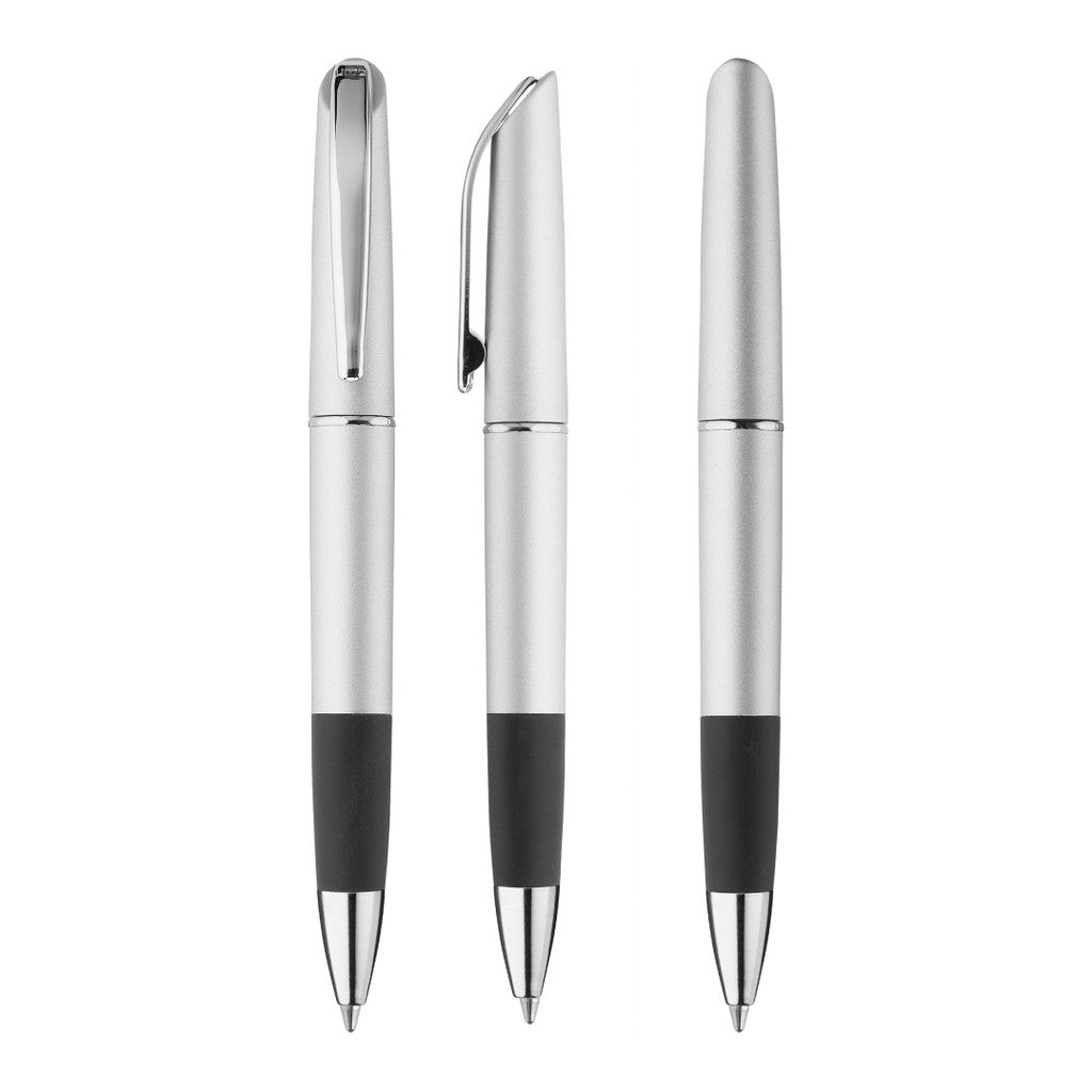 Drehkugelschreiber metallic mit Gummigriffzone – Silber