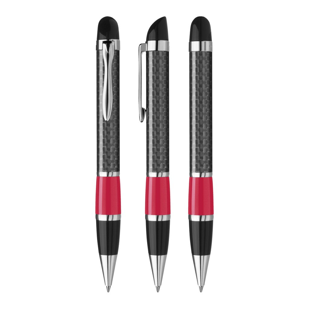 Drehkugelschreiber mit Carbonoptik und Griffzone – Rot