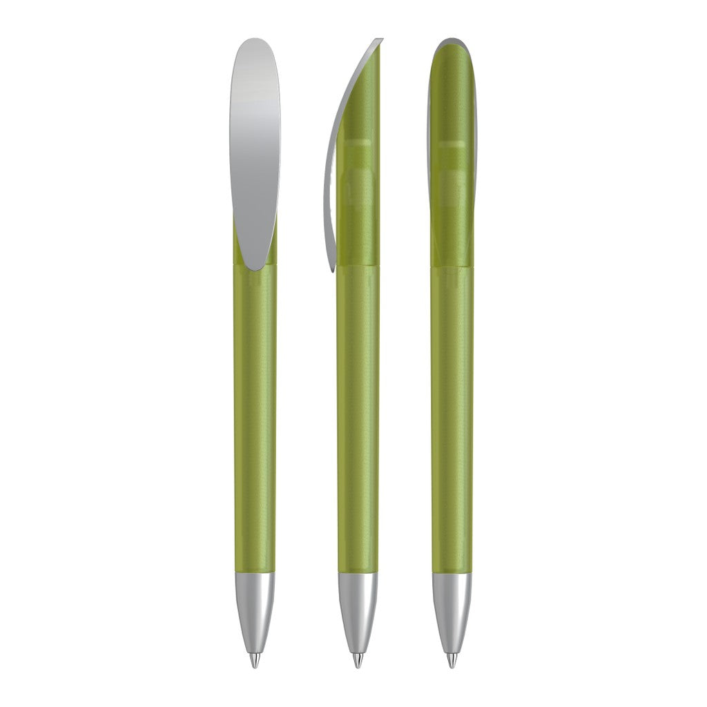 Drehkugelschreiber transparent frozen mit Bogenclip – Olive
