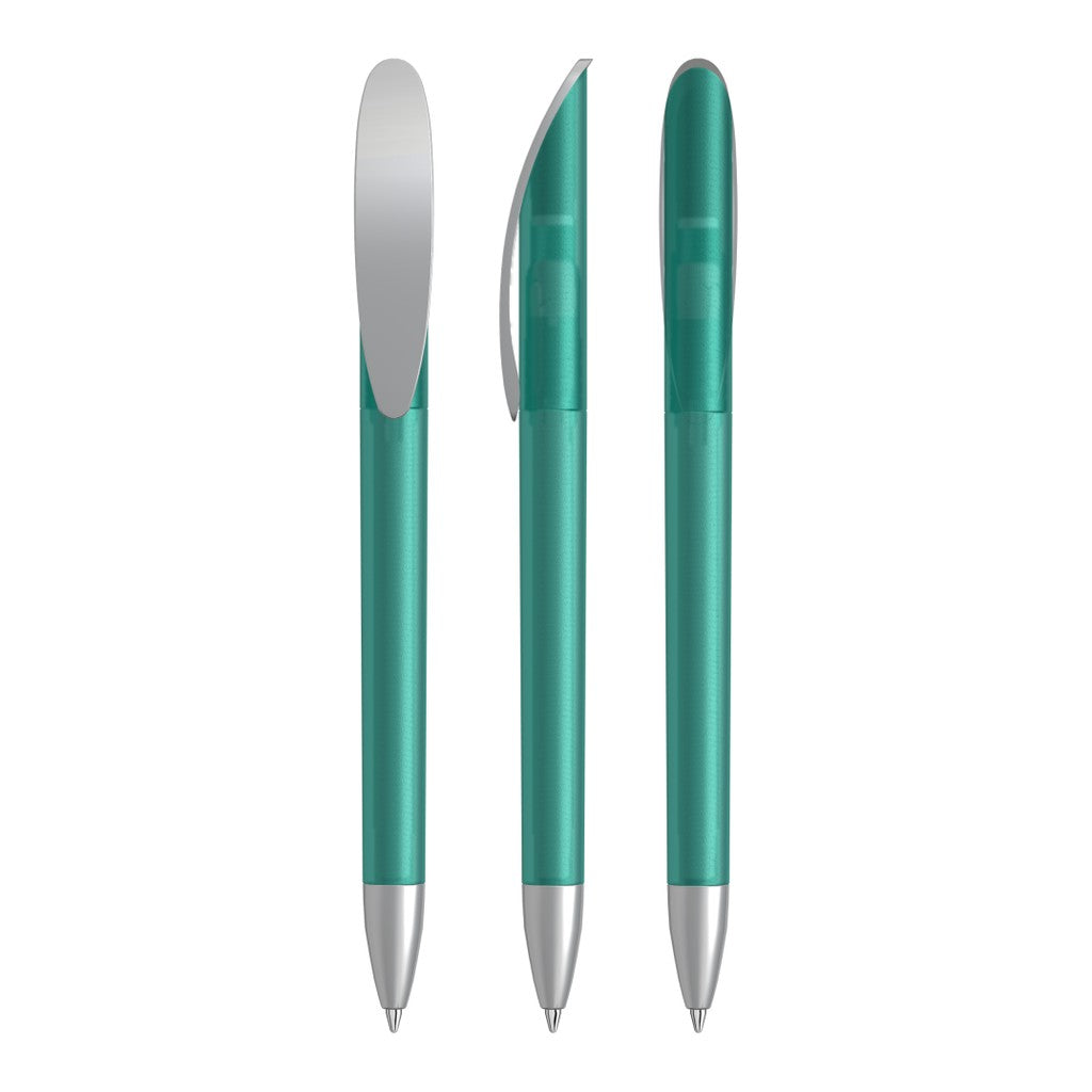 Drehkugelschreiber transparent frozen mit Bogenclip – Petrol