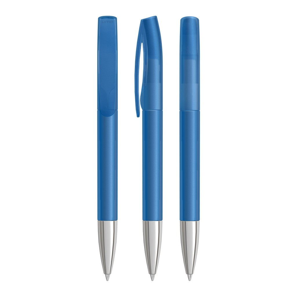 Drehkugelschreiber transparent frozen mit Chromspitze – Hellblau